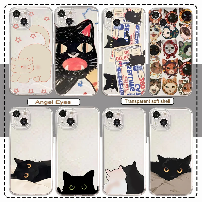 

Funny Black Cat Phone Case For iPhone 16 15 14 13 12 11 Pro Max Mini X XS SE 7 Plus 16E Shockproof Soft Transparent Cover Fundas