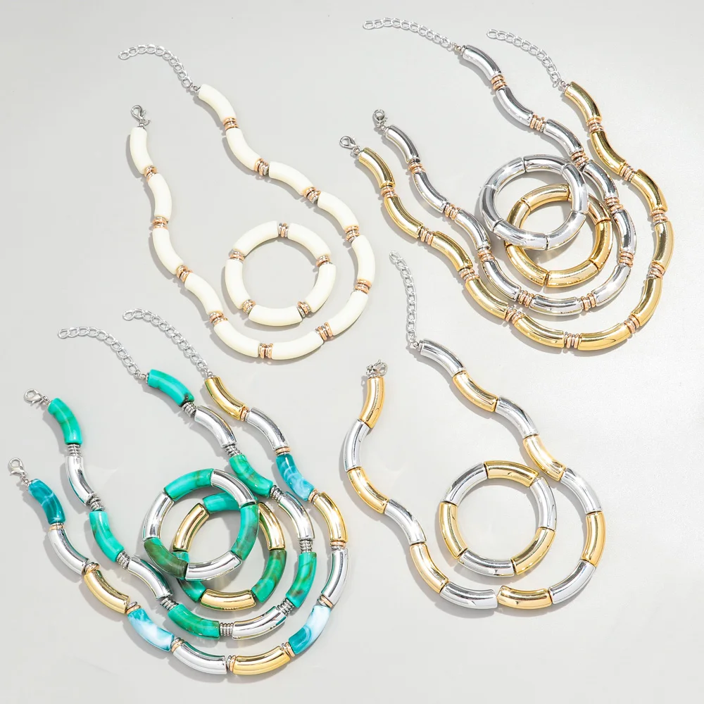 New Bohemia Acrylic Chunky Bamboo Bracelets for Women Boho Resin Elastic Tube Beads Necklace 2024 Fashion Jewelry