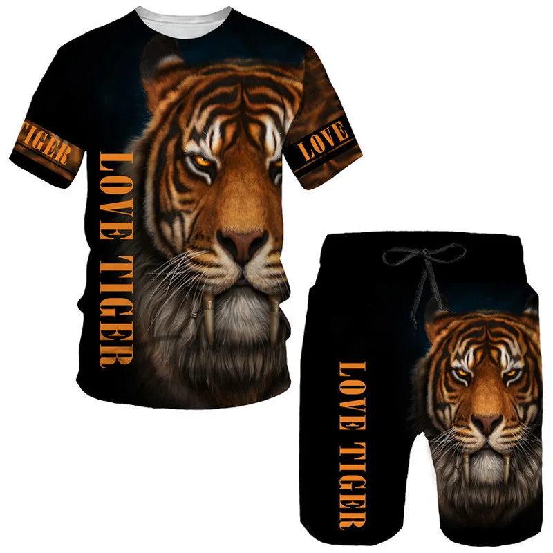 Camisetas e shorts masculinos com estampa tigre 3D, fatos de treino animais, camiseta e calça de manga curta extragrande moda, roupas masculinas