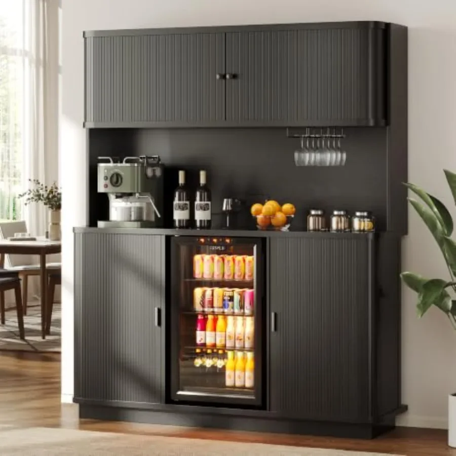 70.8" Tall Fluted Coffee Bar Cabinet with Mini Fridge Space, Modern Bar Cabinet with Fridge Space, Power Outlet and Drawer, Win