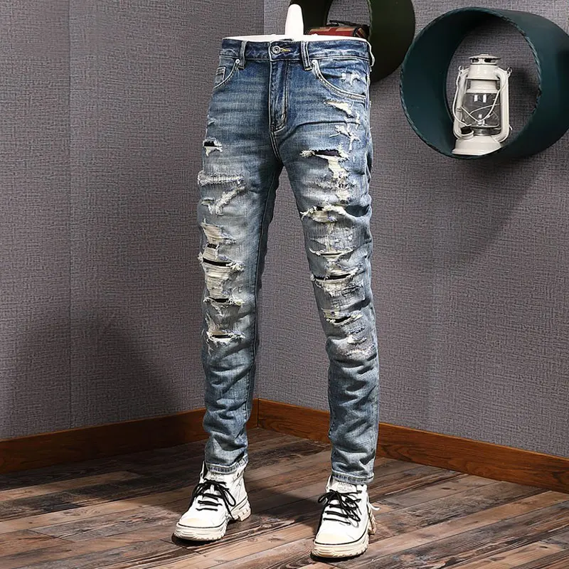 Street Fashion Heren Jeans Retro Blue Stretch Slim Fit Gat Gescheurde Jeans Heren Patched Designer Hiphop Vintage Denim Broek Hombre