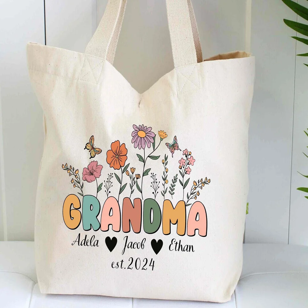 

Custom Grandma Tote Bag Personalized Kids Names Lightweight Foldable Canvas Hot Sale Wholesale Best Price for Gift