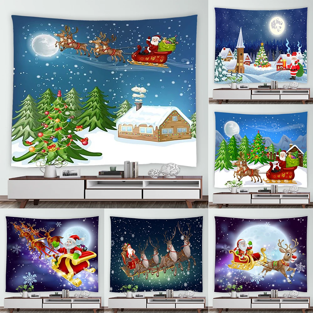 Cartoon Santa Claus Reindeer Print Pattern Tapestry Home Living Room Bedroom Wall Decoration Background Cloth