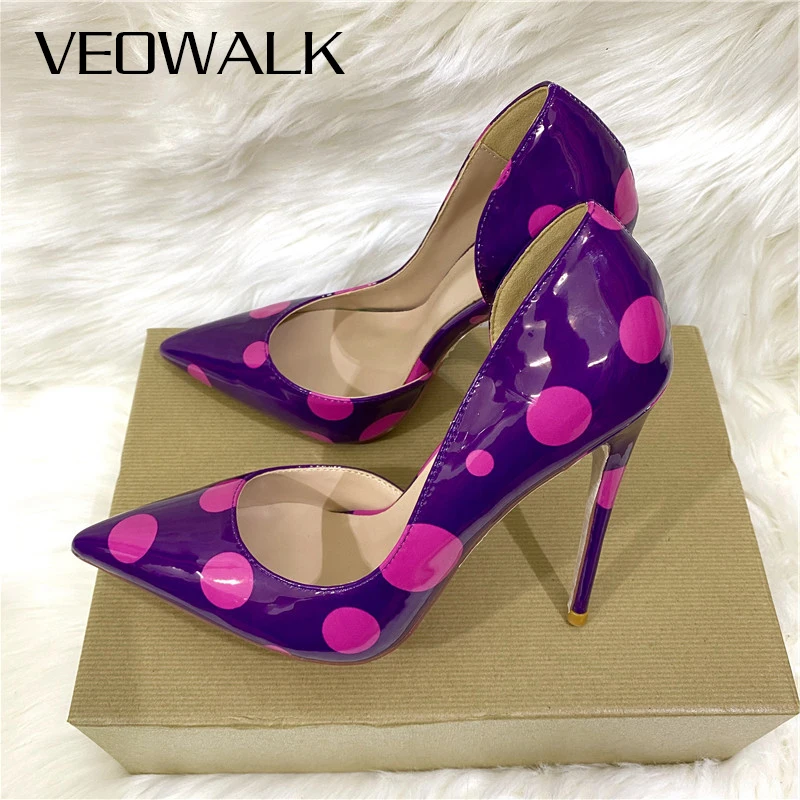 Veowalk Polka Dot Women Purple D\'Orsay Side Cut Pointed Toe Stiletto Pumps Comfortable Elegant 8cm 10cm 12cm High Heel Shoes