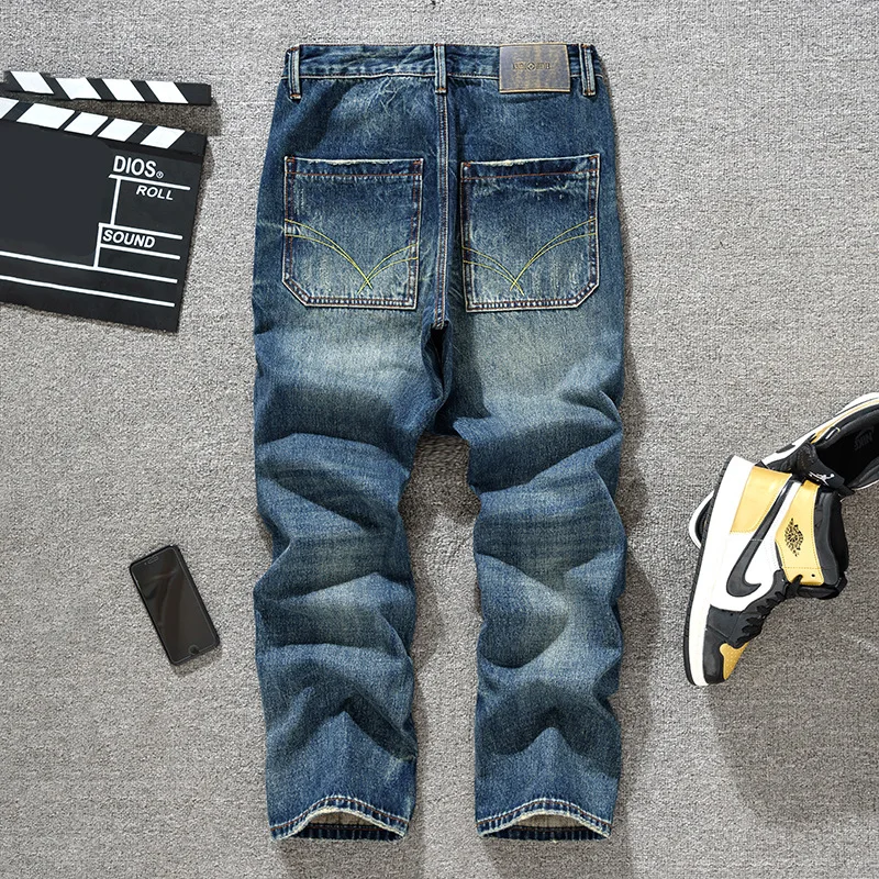 

Свободные мужские джинсы прямого кроя в японском стиле ретро, ткань с нашивкой Харлан, камуфляжная ткань, универсальные повседневные брюки