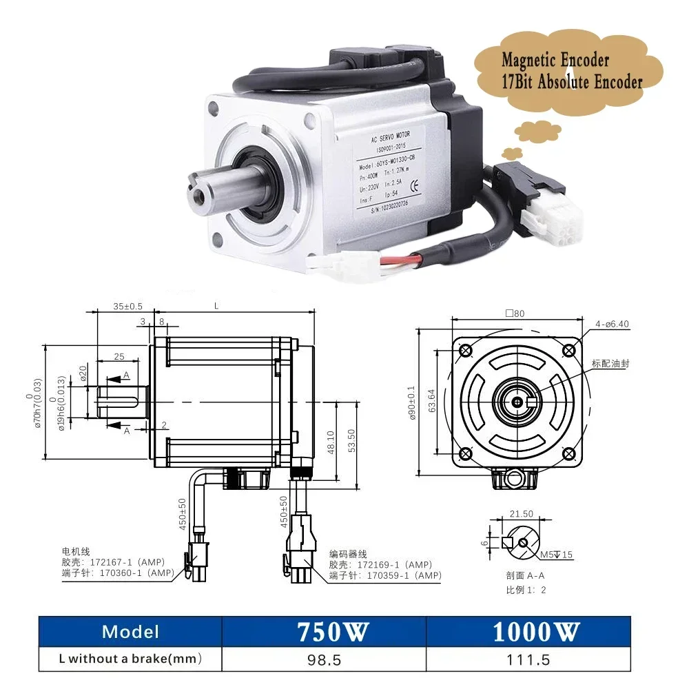 Imagem -05 - Jogo do Motorista do Servo Motor da ca Servo da Flange com Rs485 Único Codificador Absoluto 400w 750w 1kw 17bit 3000rpm 1.27nm 3.18nm 60 80