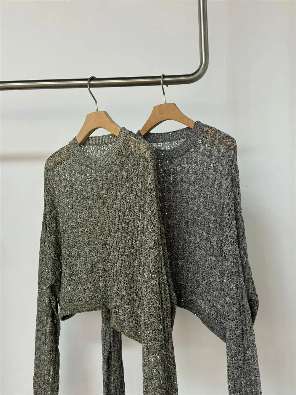 Women's Hollow Sequins Linen Sweater, Long Sleeve Tops, Thin Pullover, High Quality, Spring, Summer