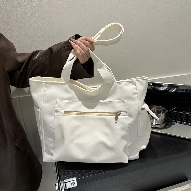 

Women Canvas Shoulder Bag Korean Fashion Simple Design Tote Bag Spacious Multi Pocket Casual Handbag for Students