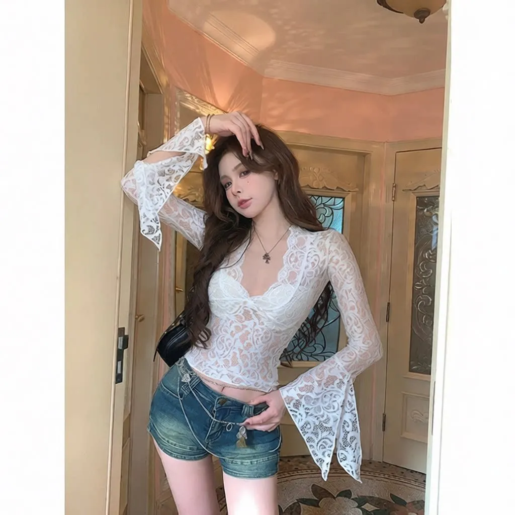 White Lace Hollow out Long Sleeve V-Neck Top Women's Sexy Slim Fit Short Inner Shirt Base Layer Top for Autumn Initial Pure D...