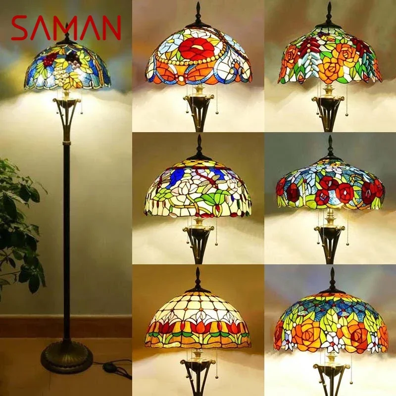 

SAMAN Tiffany Floor Lamp American Retro Living Room Bedroom Lamp Country Stained Glass Floor Lamp