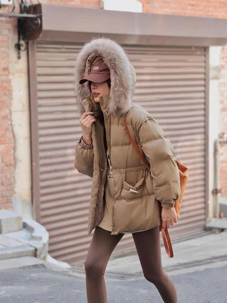 

Puffer Jaet Women's Winter Thiened White Du down Fur Collar Hooded Slim Fit Long Sve Zipper Closure Color Coat