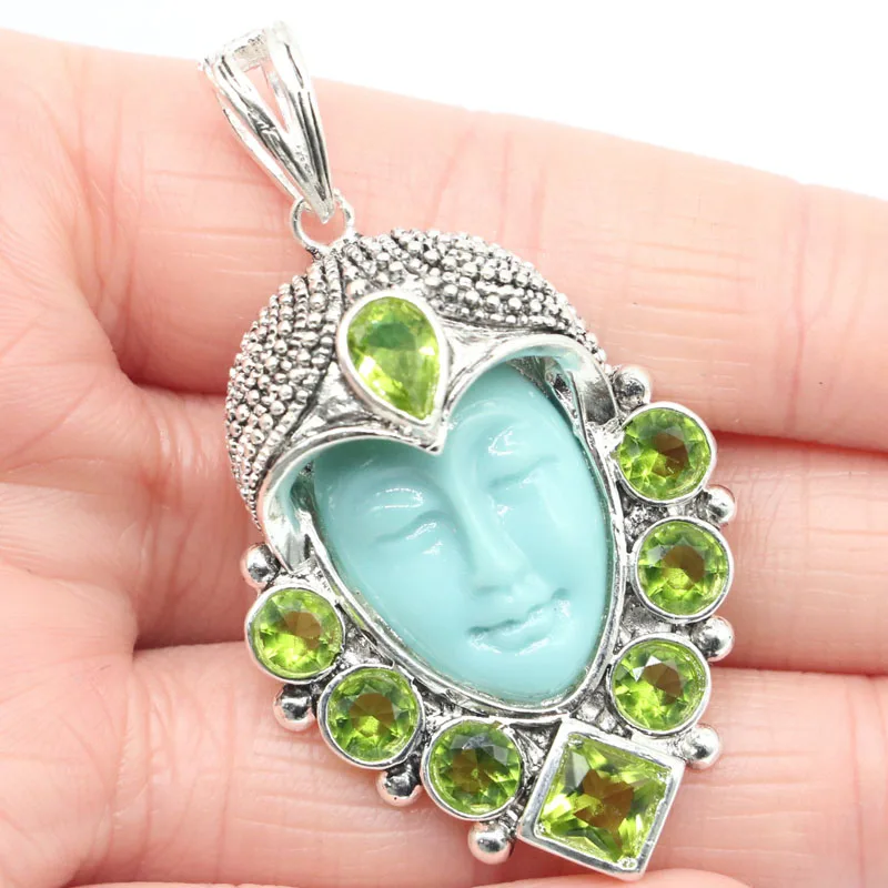 

Buy 4 Get 1 Free 54x30mm Big Size14.5g Blue Turquoise Goddess Face Rhodolite Garnet Peridot Blue Topaz Silver Pendant