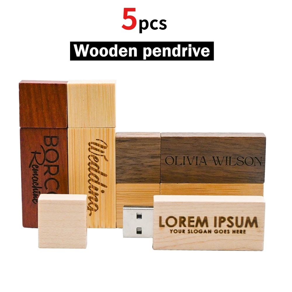 Lote de 5 Unidades de Memoria USB en Caja de Madera, USB 2.0, Personalizable con Logotipo, 128GB 64GB 32GB, Regalos para Bodas y Fotografía