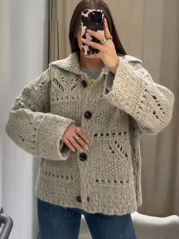 

2025 New Women Fashion Knitted Cardigans Long Sleeve Hollow Out Sweater Short Cardigan Autumn Winter New Style Knitwear Coat