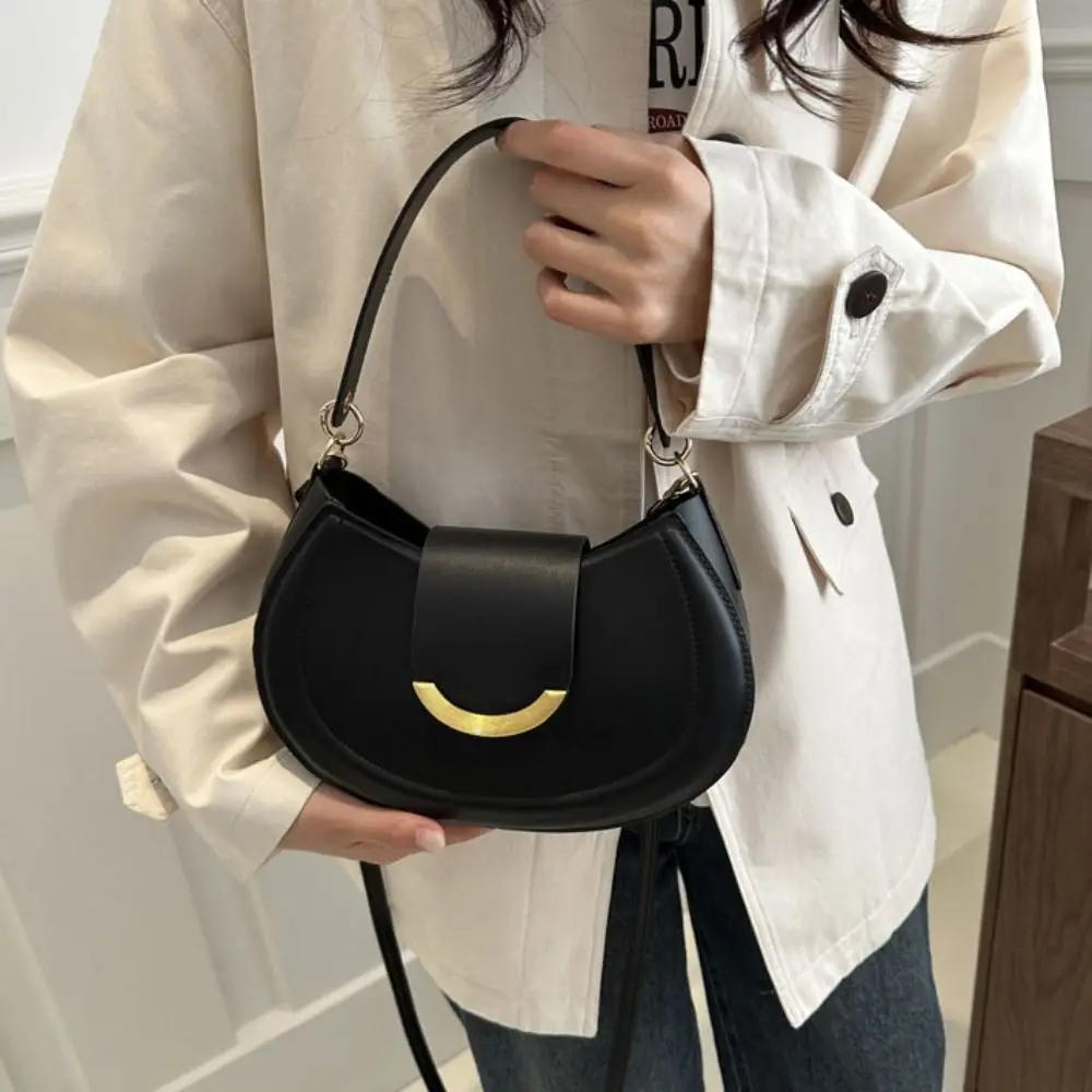 

Solid Color PU Leather Small Shoulder Bag Simple Large Capacity Mini Tote Bag Half-Moon Girls Crossbody Bag Women