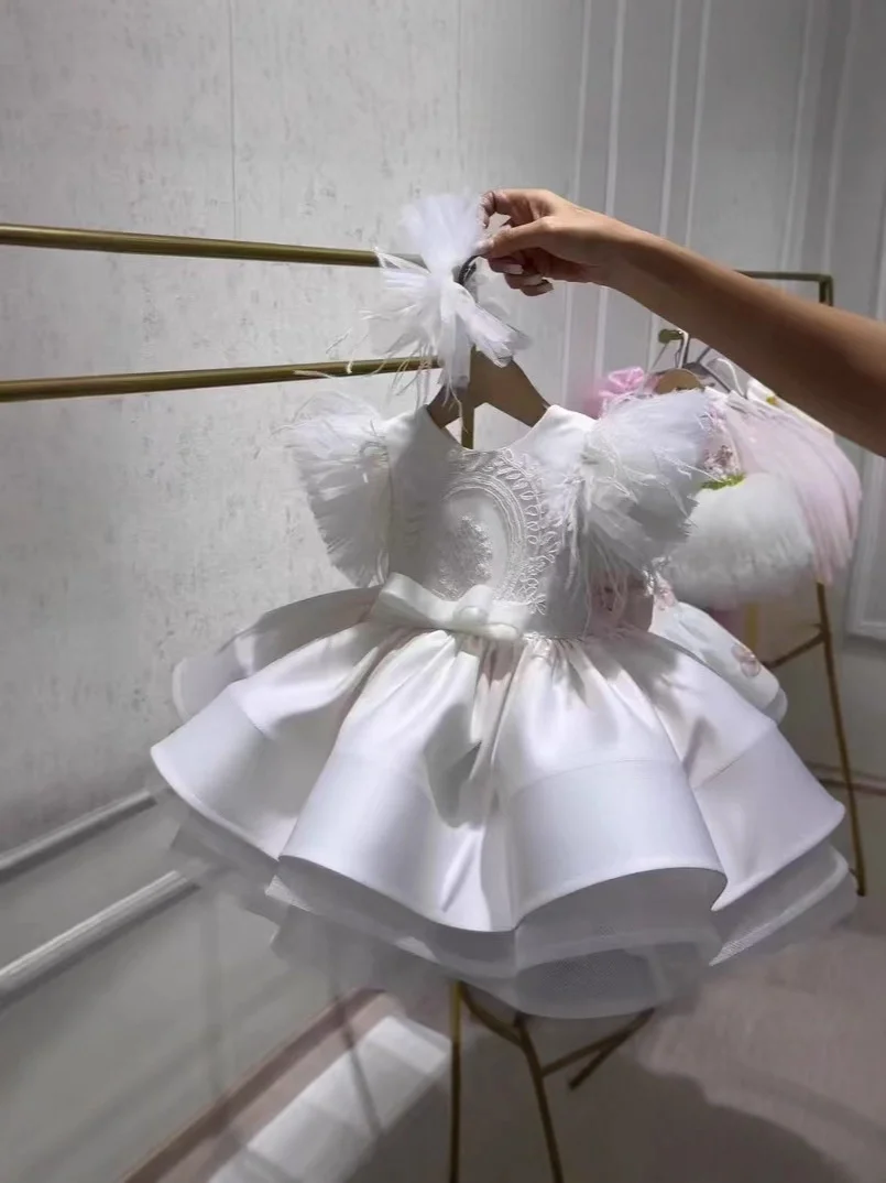 Girls' White Feather-Trimmed Embroidered Princess Dress for Party & Wedding, Great for First Christmas