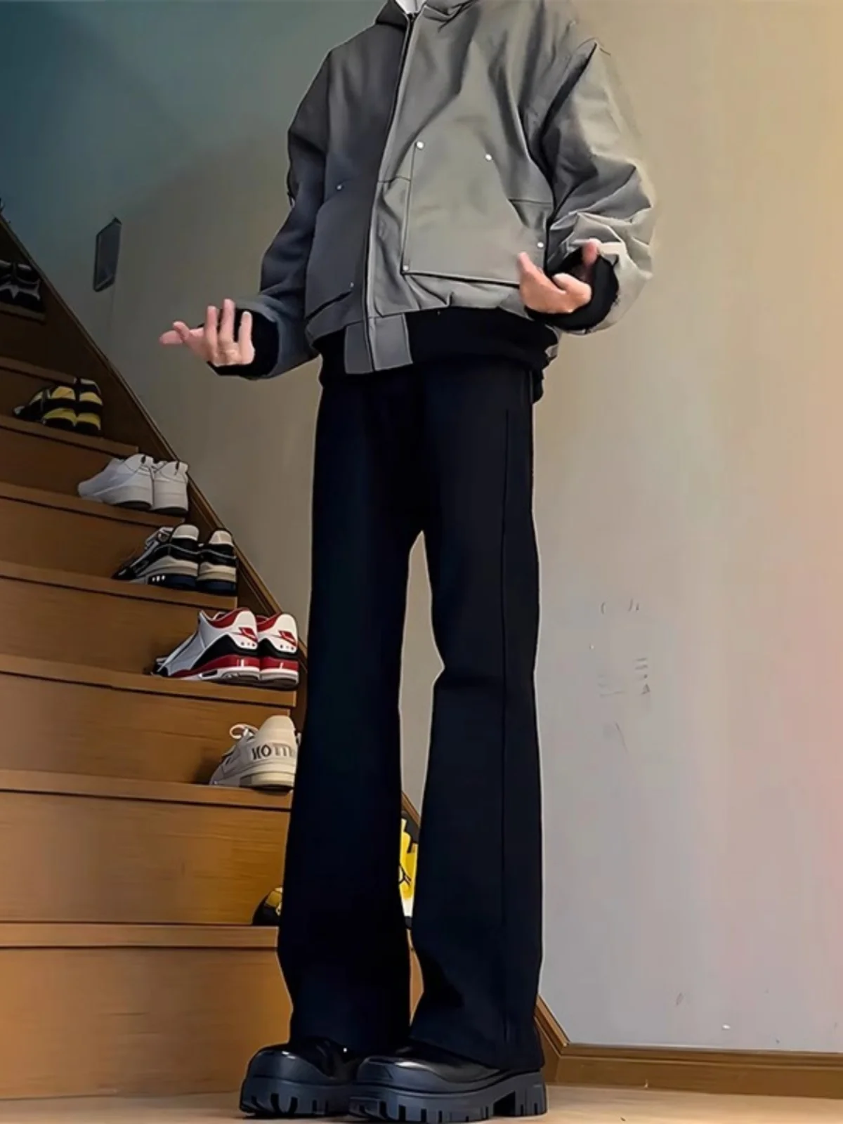 

Мужские джинсы Slim Fit с эластичной талией, черные, на флисовой подкладке, с высокой талией, зимние, модные, брендовые, расклешенные, длинные брюки