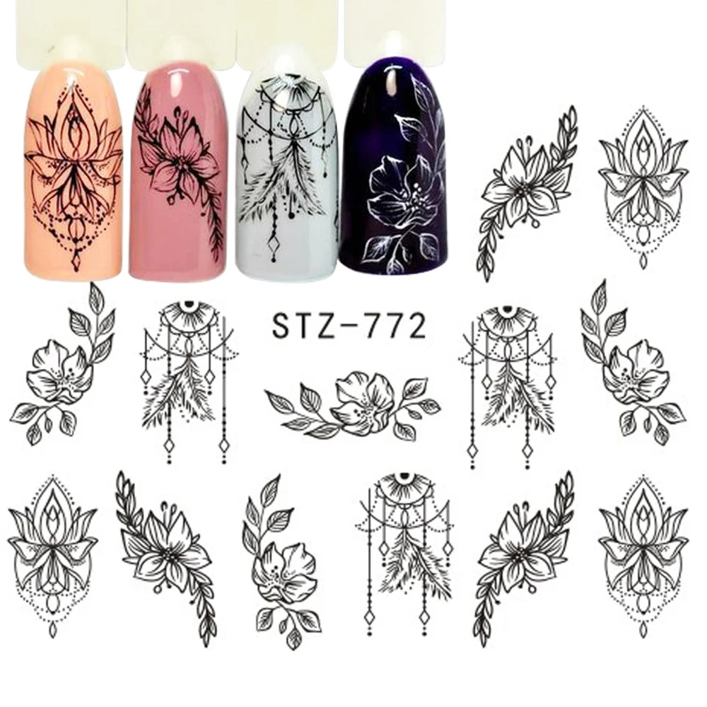 12pcs Water Decals Floral Jewelry Nail Stickers Black Geometry Designs Sliders For Nails Tattoo Decoration Manicure JISTZ766-778