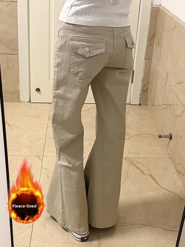 

Ретро-джинсы американского стиля цвета хаки с флисовой подкладкой, женские зимние утепленные джинсы с эффектом похудения, свободные широкие брюки-клеш