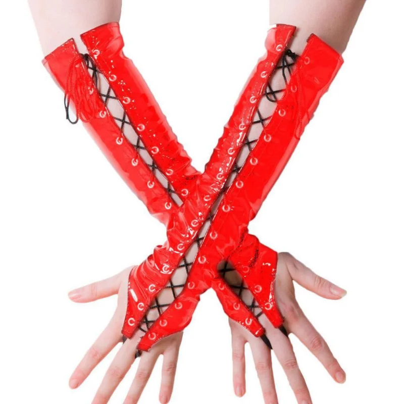 Sexy Women PVC PU Leather Gloves Lacing Hollow Out Hang Finger Latex Long Gloves Punk Mitten Party Clubwear Cosplay Costume