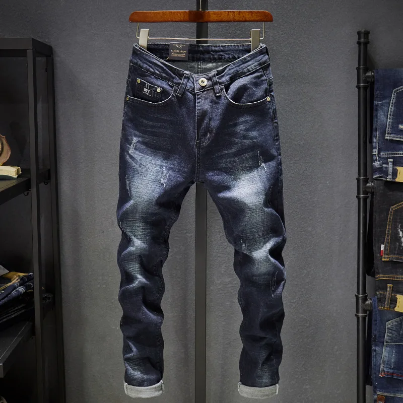 

Men Pencil Pants Hole Jeans Mid Waist Skinny Stretch Vintage Denims Distressed Ripped Washed Male Straight Trousers Streetwear