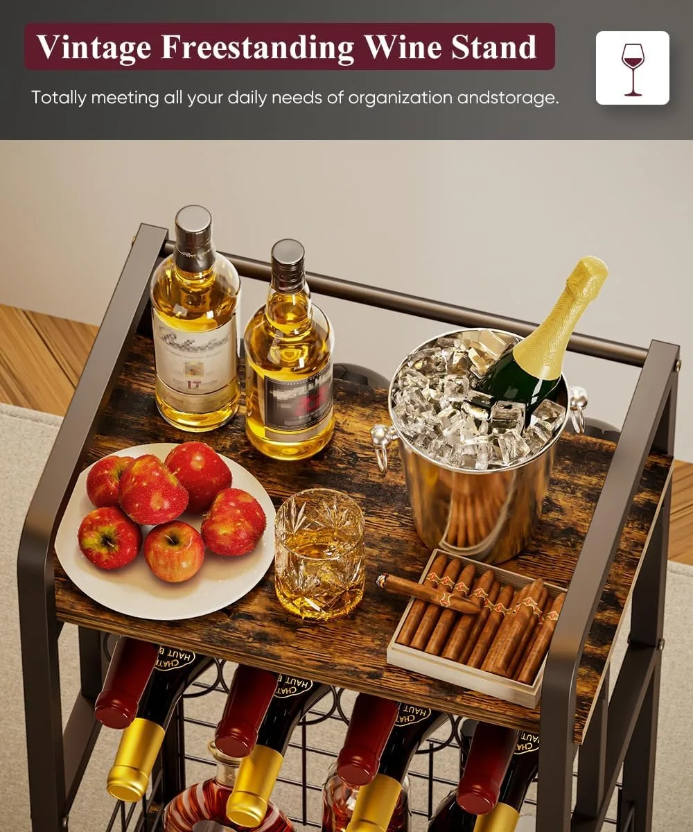 3-Tier Freestanding Wine Rack with Wood Top, Corner Bar Table for Kitchen Living Room, Black Metal Storage