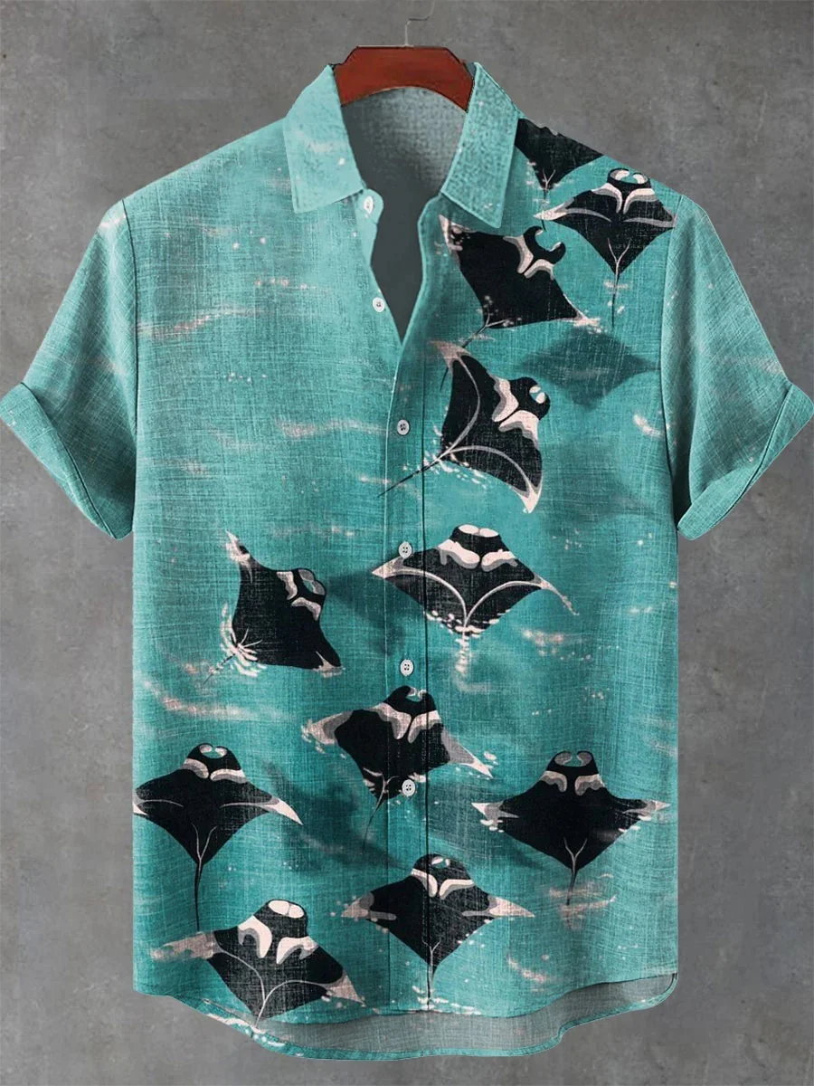 

New men's casual animal pattern short-sleeved shirt, button-down lapel shirt, loose top, men's casual Hawaiian shirt
