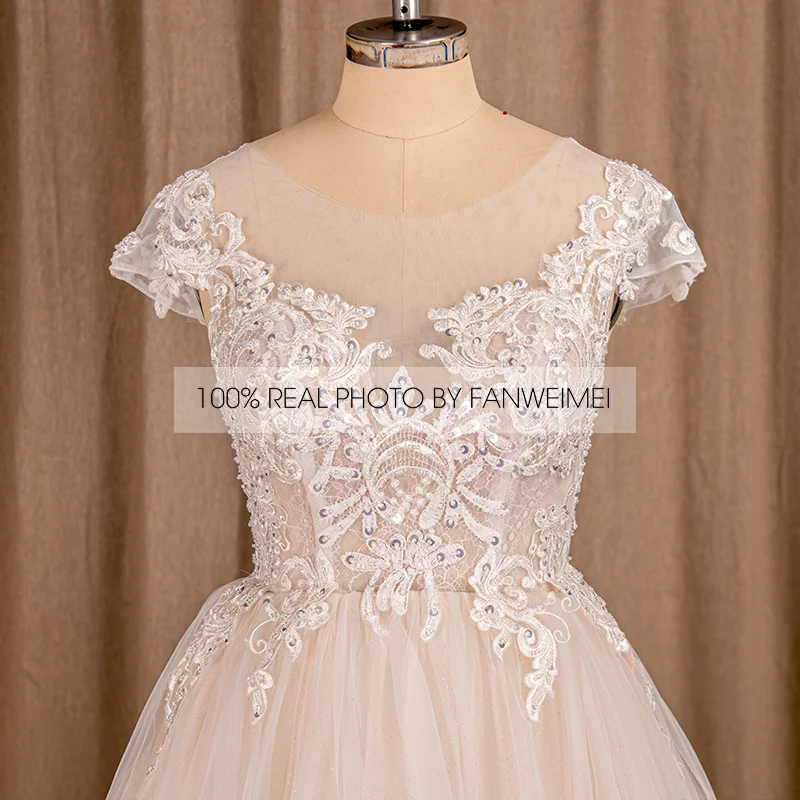 Vestido de novia coreano con cuello redondo, blanco, champán y marfil, línea A, encaje, Espalda descubierta, 7731