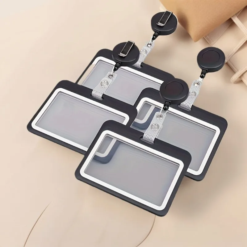 Durable Black Horizontal ID Card Holder Set, Badge Clip with Retractable Pull Tab, Double-Sided, Carabiner Clip ID Holder - view 2