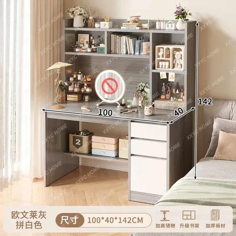 LDressing Table Simple Style for Girls Bedroom Cream Large Capacity Storage Makeup Table Student Bookshelf Integrated Desk