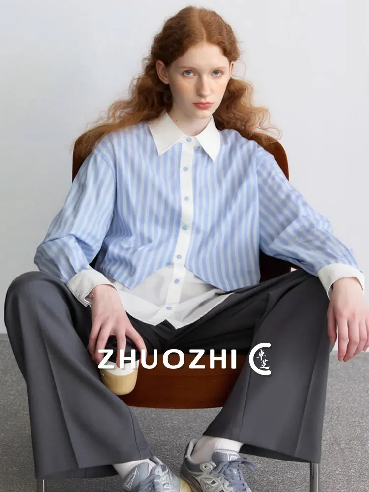 

ZhuoZhi Spring 2026 Loose Faion Striped Patchwork irt Women's Sli False Two-Piece French Sle Long Sve Breathable