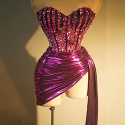 Purple Sparkling Diamonds Sexy See Through STrapless Top And Mini Skirt 2 Pieces Woman Set Party Vestido Performances Costume