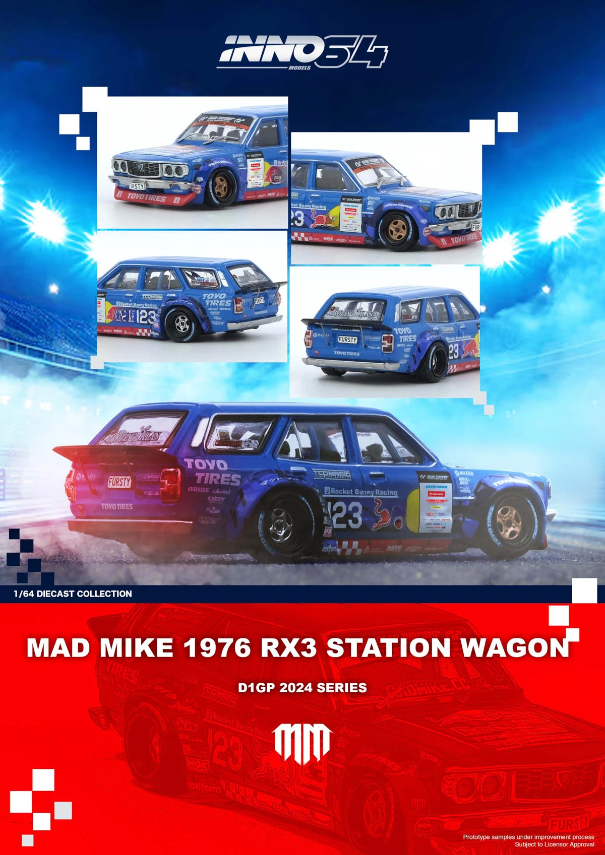 **Pre-order ** INNO 1:64 MAD MIKE 1976  RX3 Station Wagon D1GP 2024  Model car