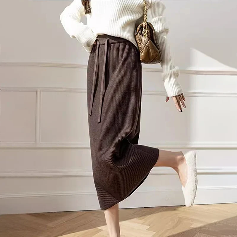 

Woman Autumn Winter New Straight Long Skirt Women Korean Vintage Ribbed Midi Skirts Casual Drawstring Office Lady Wrap Hip Skirt