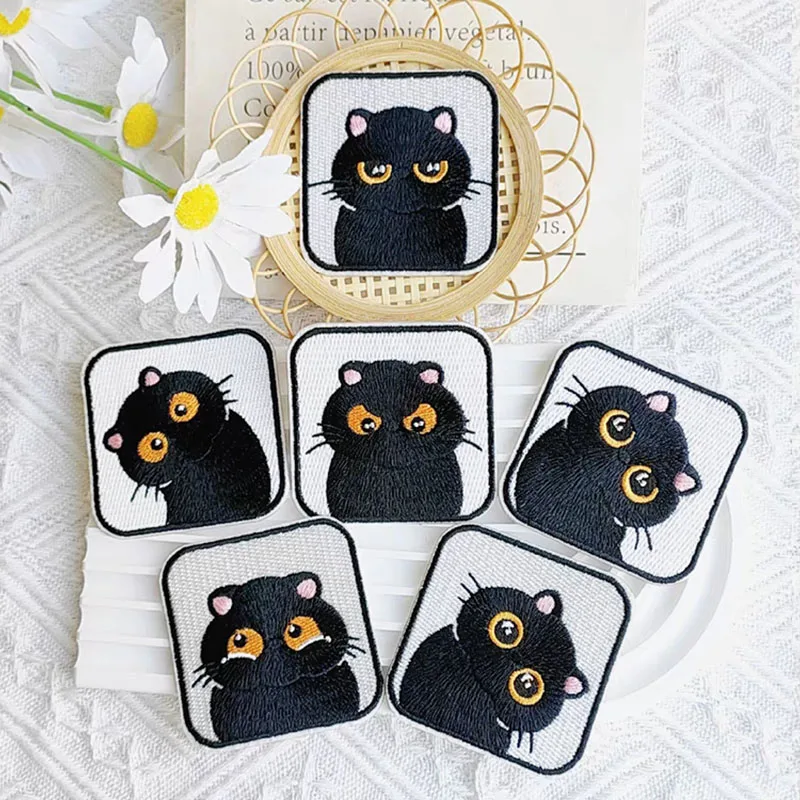 Cute Funny Black Cat Patches For Clothing Kids Square Self-adhesive Embroidery Patch Applique On Jeans DIY Phone Case Sweing