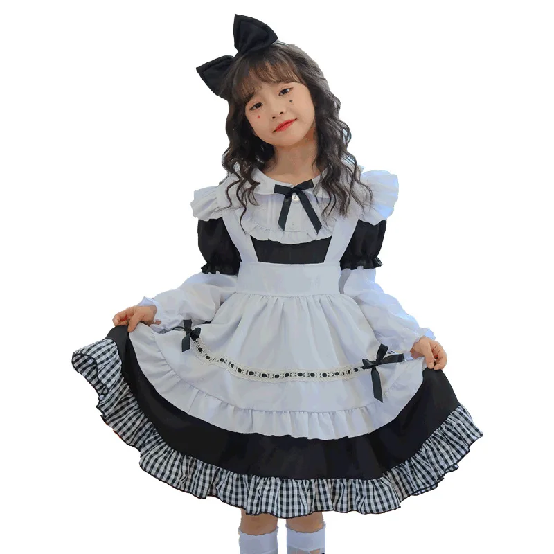 أبيض وأسود منقوشة طويلة الأكمام فستان خادمة الفتيات نمط لوري لوليتا فساتين الأميرة أطفال بنات لوليتا أزياء مسرحية
