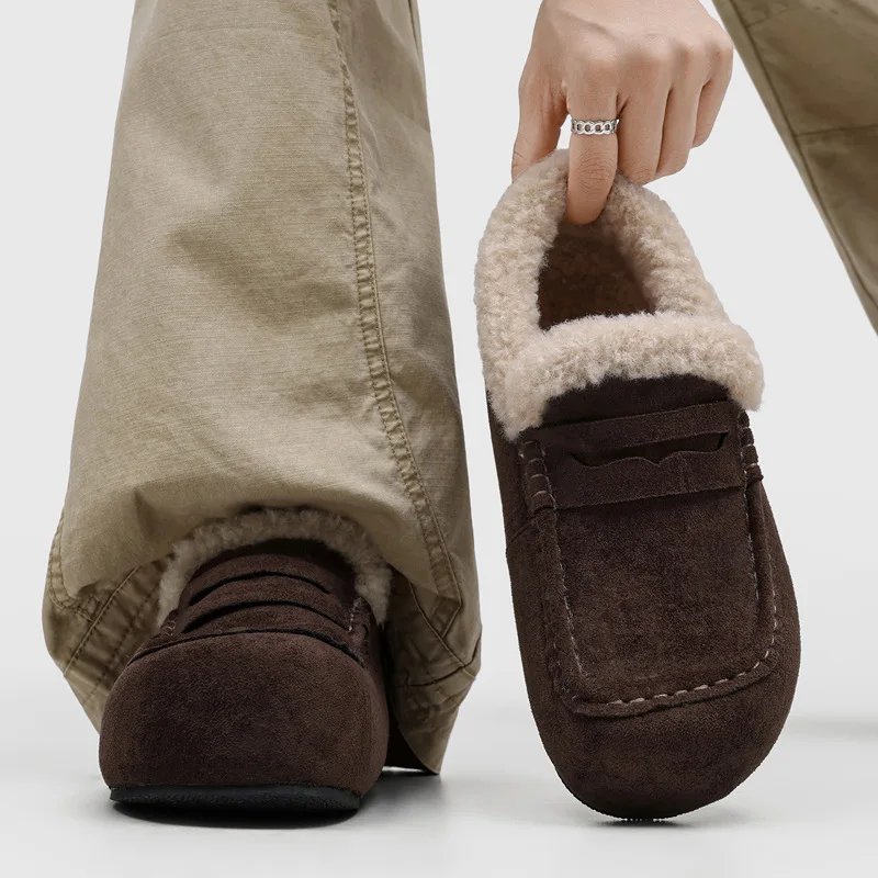 Winter Fur Loafers Men Casual Shoes Large Size Leather Dress Shoes Slip-on Flats Plush Man Moccasins Fleece Lined Driving Shoes