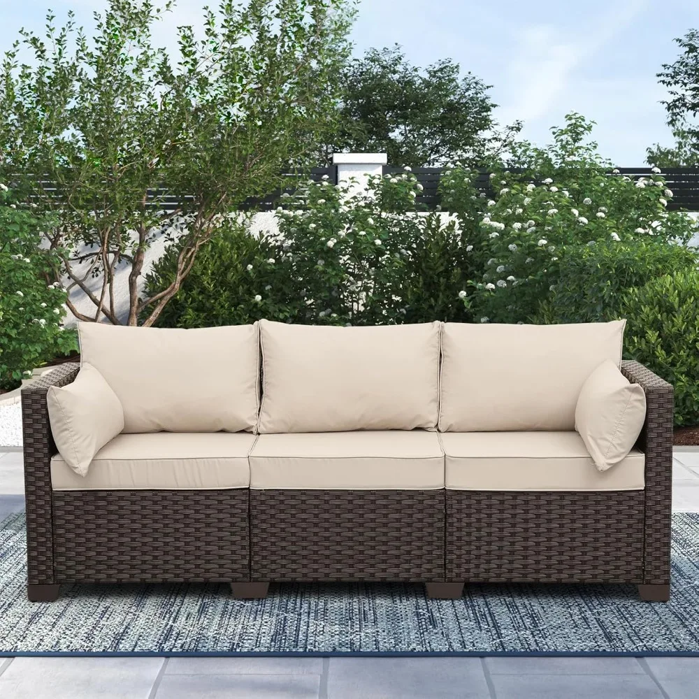 Patio Furniture 3-seat Sofa Wicker Outdoor Furniture Outdoor Couch Deep Seat Backrest Waterproof Cover Anti-Slip Cushions, Khaki