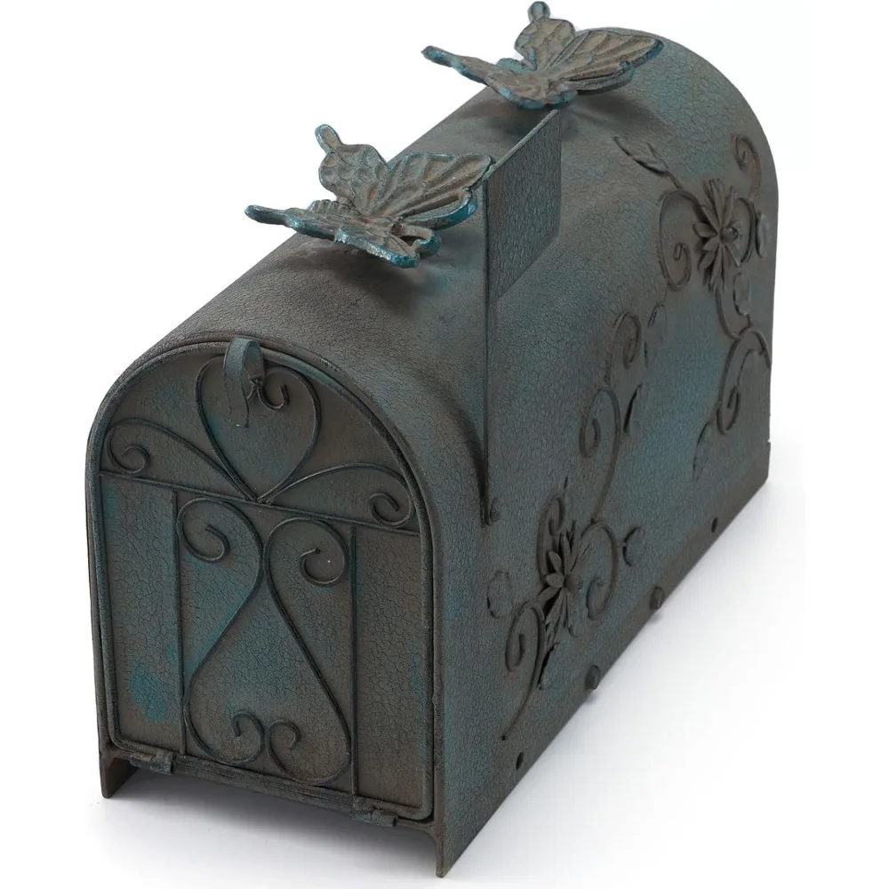 

Heavy Duty Galvanized Steel Mailbox Post, Rural Mail Box Postal Storage Box with Butterfly Decoration (Vintage Green)