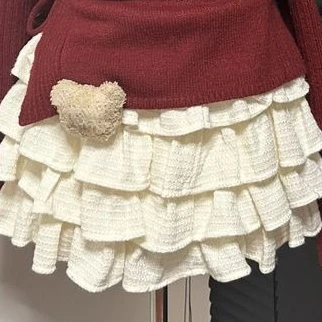 Christmas Vintage Suits Women New Years 2 Piece Set Winter Kawaii Knitted Sweater Bow Sweater A-line Cake Skirts Two-Piece Sets