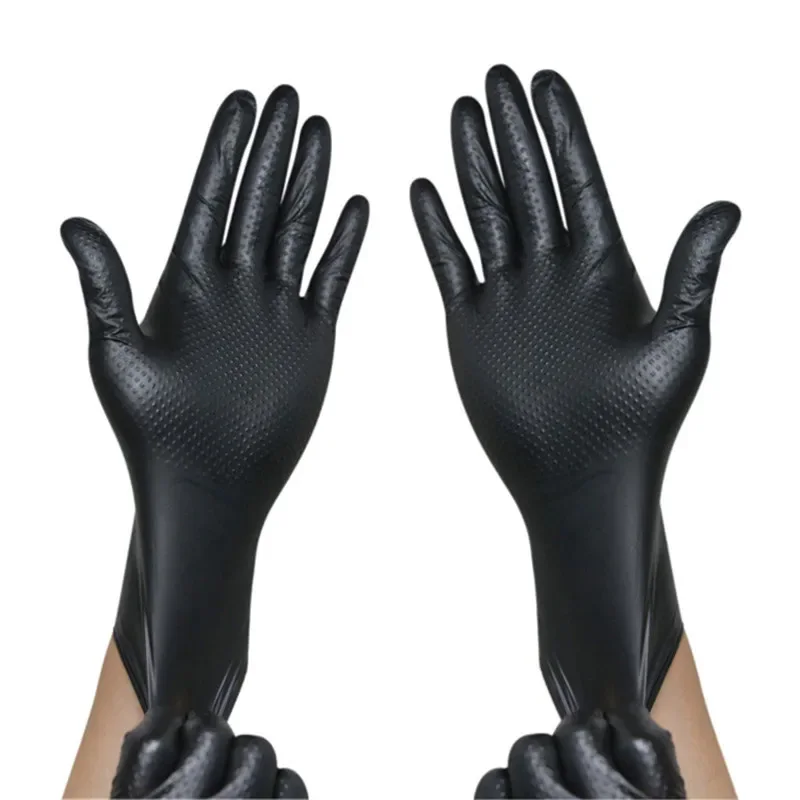 50 black nitrile gloves, disposable, pure nitrile, 8Mil thick, heavy-duty diamond textured industrial safety work gloves, suitab