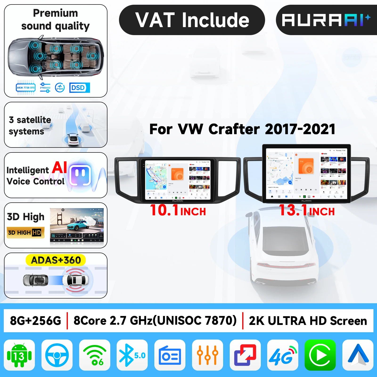 AURAAI 2.7Ghz*8 2K Écran intelligent pour voiture 4G Carplay Android Auto Radio pour VW Crafter 2017-2021 Lecteur multimédia Stéréo GPS Affichage 1920*1200 Ultra 3D Haute Interface Radio en ligne Amplificateur TDA7708,7851, AKM 7738 DTS, avec avertissement de sécurité de conduite style Tesla
