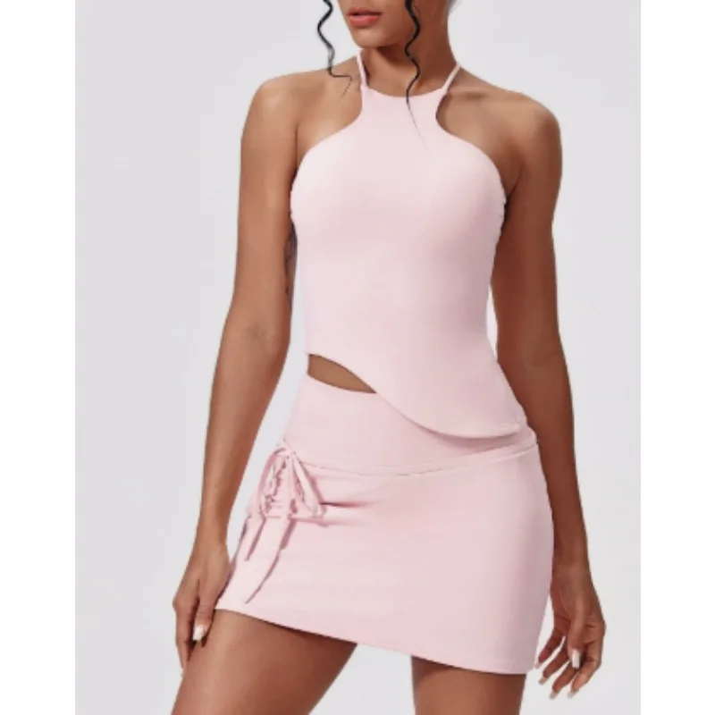 

Женские костюмы для йоги, теннисная одежда, обтягивающий спортивный топ с лямкой на шее, юбки с высокой талией и карманами, одежда для тренировок в тренажерном зале, костюмы для гольфа, бадминтона