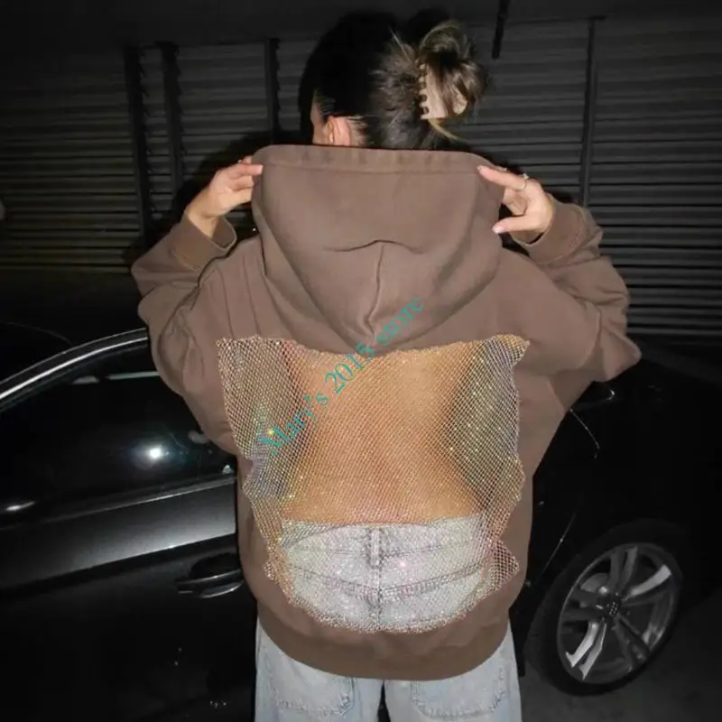 E15F 여성 캐주얼 크리스탈 메쉬 백 까마귀 경량 루즈 긴 소매 풀오버