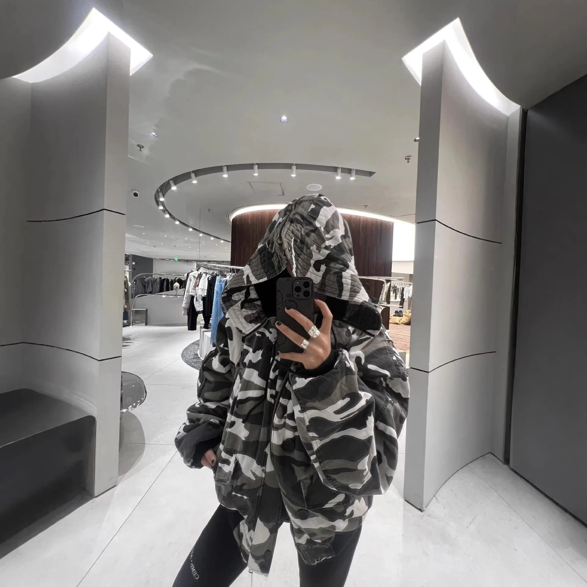 

Grailz new winter snow camouflage washed denim patch front zipper jacket with hood and cotton coat for men and women Project G/R