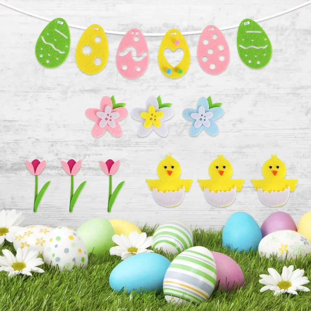 Felt Colorful Egg Rabbit Banner Easter Party Background DIY Non-woven Fabric Chicken Lily Flower Decor Garland Window Sticker