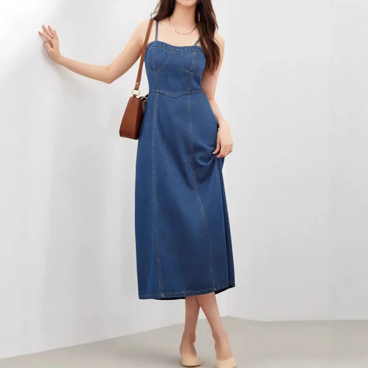 Ärmelloses Jeanskleid für Damen, mittellang, A-Linie, Jeanskleid mit Spaghettiträgern für den Sommer, lässige Vintage-Y2K-Kleidung