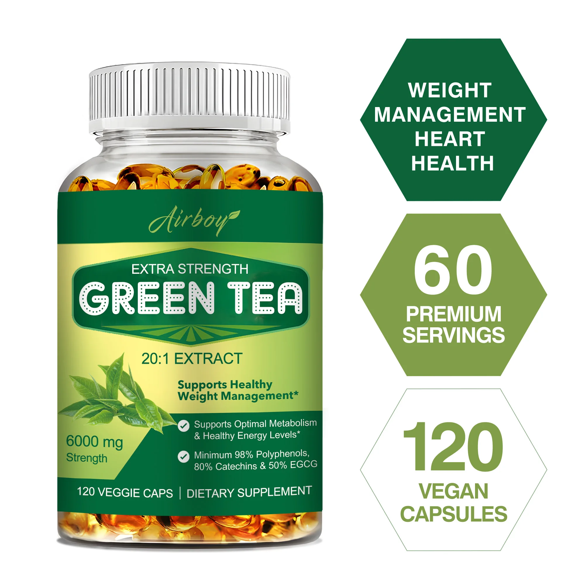 

Green Tea Capsules - Anti-oxidation, Suppress Appetite, Support Heart Health, Promote Metabolism, Improve Immunity