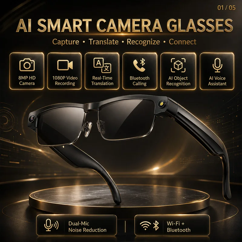 1200P AI Smart Glasses HD Camera Video Recording AI Translation Bluetooth Calls Voice Assistant for Business Travel Daily Work