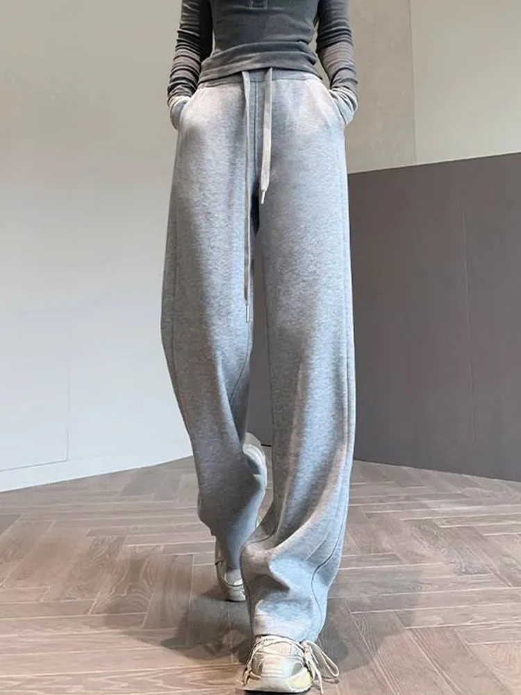 Women Casual Thicken Loose Straight Pants Winter Warm High Waist Lace Up Wide Leg Pantalones Snow Wear Velvet Lined Sweatpants